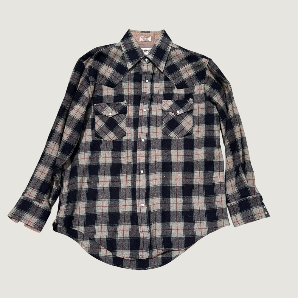 Vintage Mervyns Mens Wool Blend Western Flannel Pearl Snap Plaid Shirt Blue L